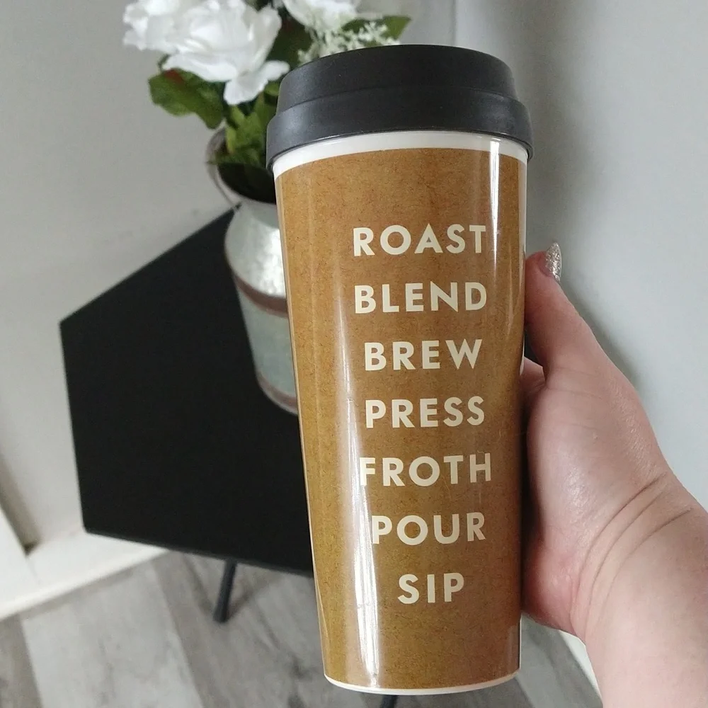 Kate Spade printed coffee themed insulated tumbler travel cup